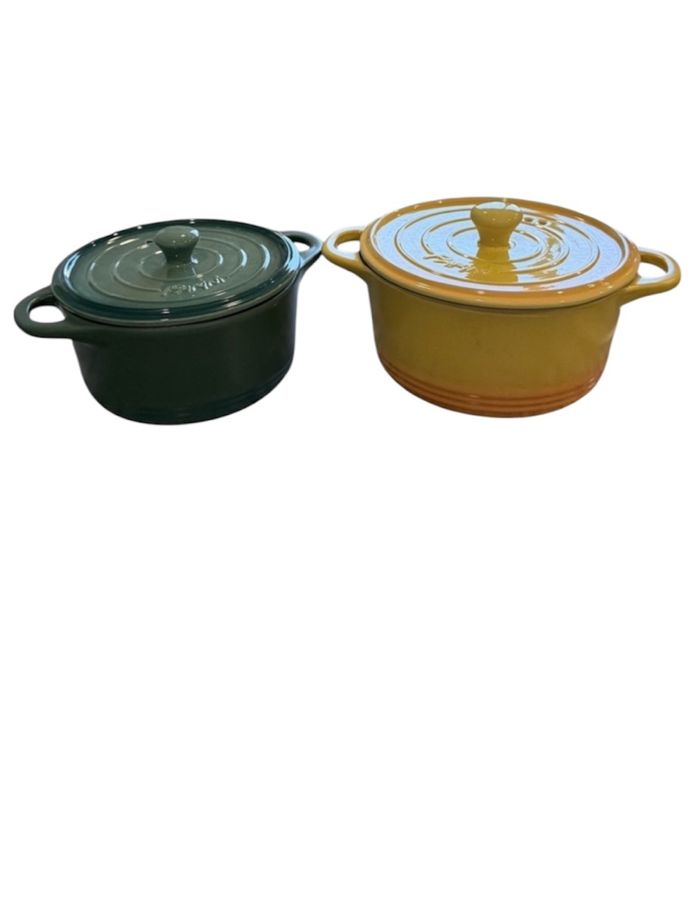NWOT (2) Parini flameproof ceramic yellow and green casserole pots